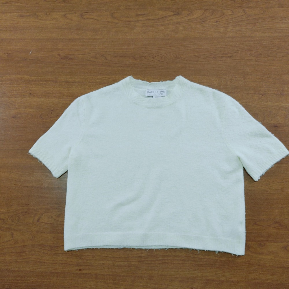 Rachel Zoe Womens Cream Short Sleeve Fuzzy Knit Crew Neck Sweater Size XS